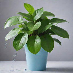 A water can gently showering a money plant, with droplets of water falling on the vibrant green leaves, all set in a soothing environment