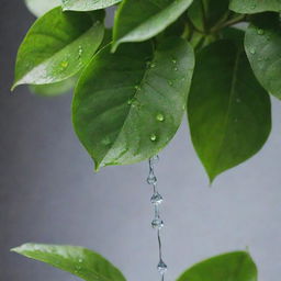 A water can gently showering a money plant, with droplets of water falling on the vibrant green leaves, all set in a soothing environment