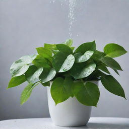 A water can gently showering a money plant, with droplets of water falling on the vibrant green leaves, all set in a soothing environment