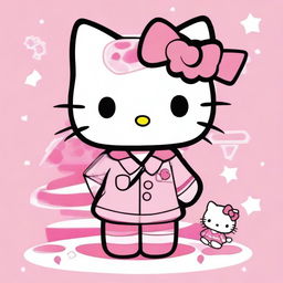 Generate an anime image with a pink color scheme and a Hello Kitty decoration theme.