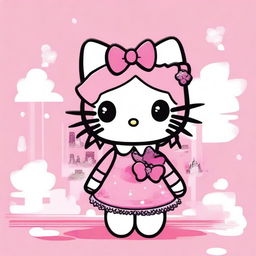 Generate an anime image with a pink color scheme and a Hello Kitty decoration theme.