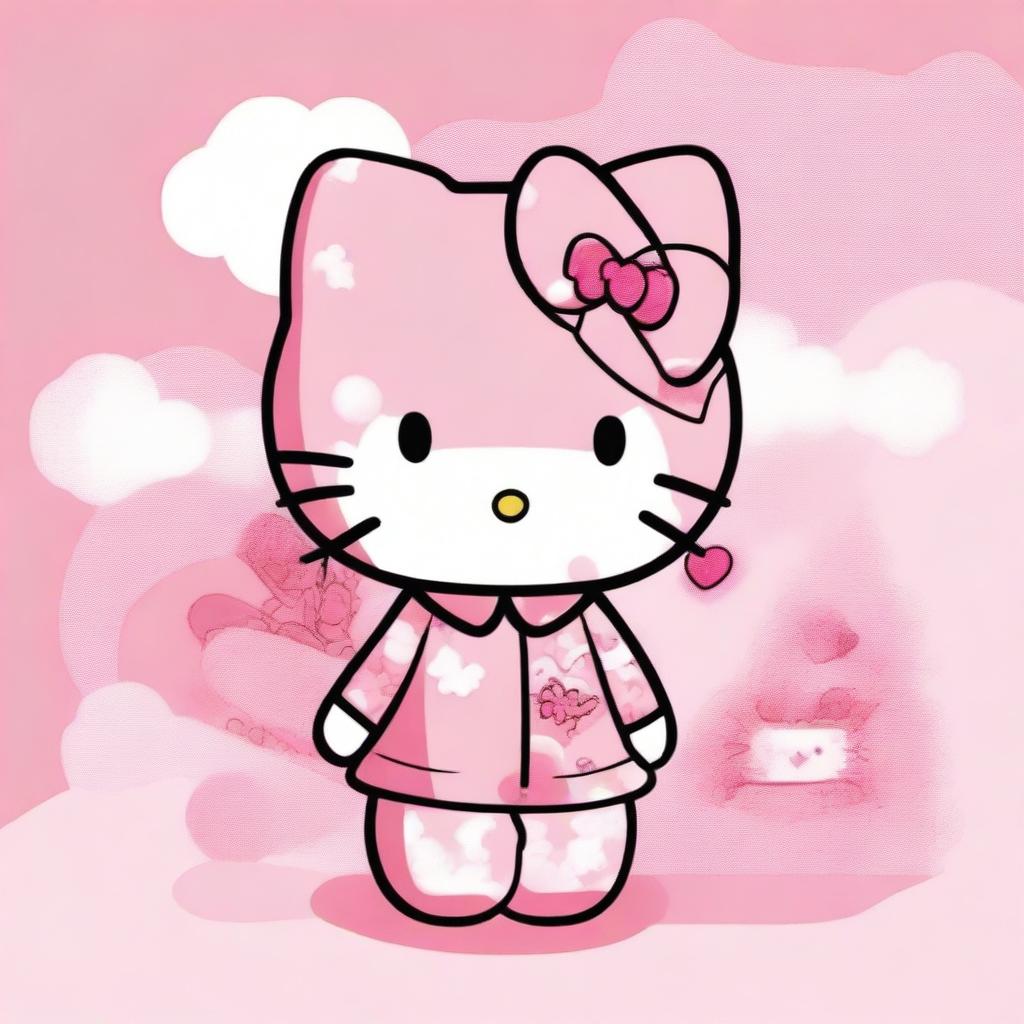 Generate an anime image with a pink color scheme and a Hello Kitty decoration theme.