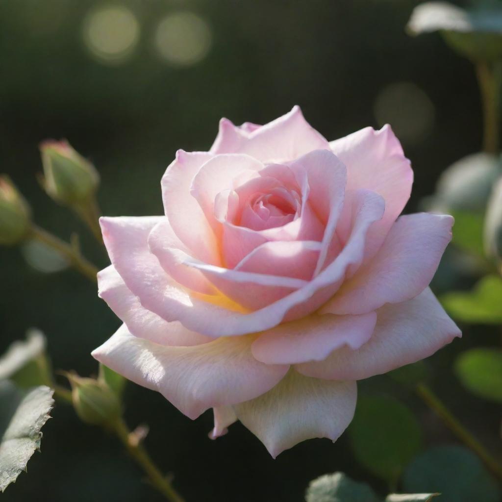 A serene display of white moss and a soft pink rose bathed in gentle sun rays.