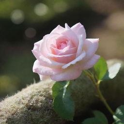 A serene display of white moss and a soft pink rose bathed in gentle sun rays.