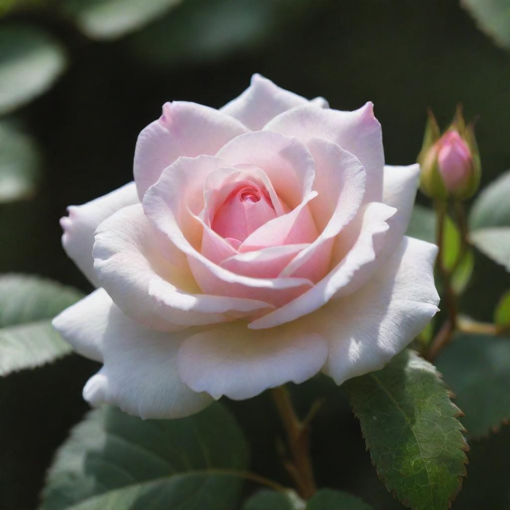 A serene display of white moss and a soft pink rose bathed in gentle sun rays.