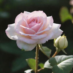 A serene display of white moss and a soft pink rose bathed in gentle sun rays.