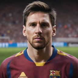 A realistic portrait of Lionel Messi in his Barcelona jersey, looking focused on the football field.