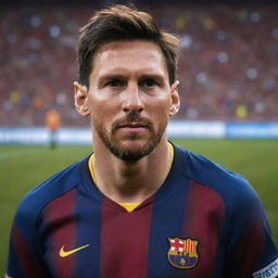 A realistic portrait of Lionel Messi in his Barcelona jersey, looking focused on the football field.