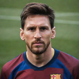 A realistic portrait of Lionel Messi in his Barcelona jersey, looking focused on the football field.