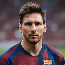 A realistic portrait of Lionel Messi in his Barcelona jersey, looking focused on the football field.