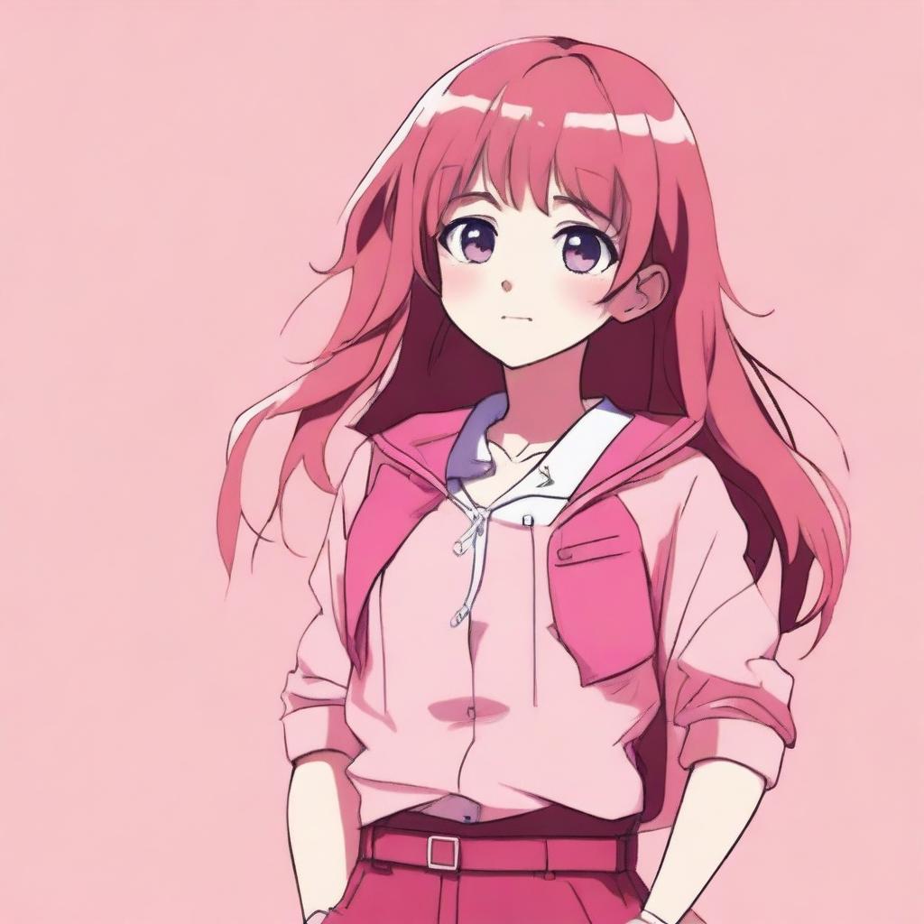 An image of a female anime-style character standing against a pink background