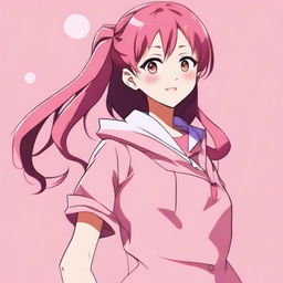 An image of a female anime-style character standing against a pink background