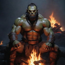 Half-orc barbarian from Dungeons and Dragons sat around a glowing bonfire, the flickering flames highlighting his fierce features.