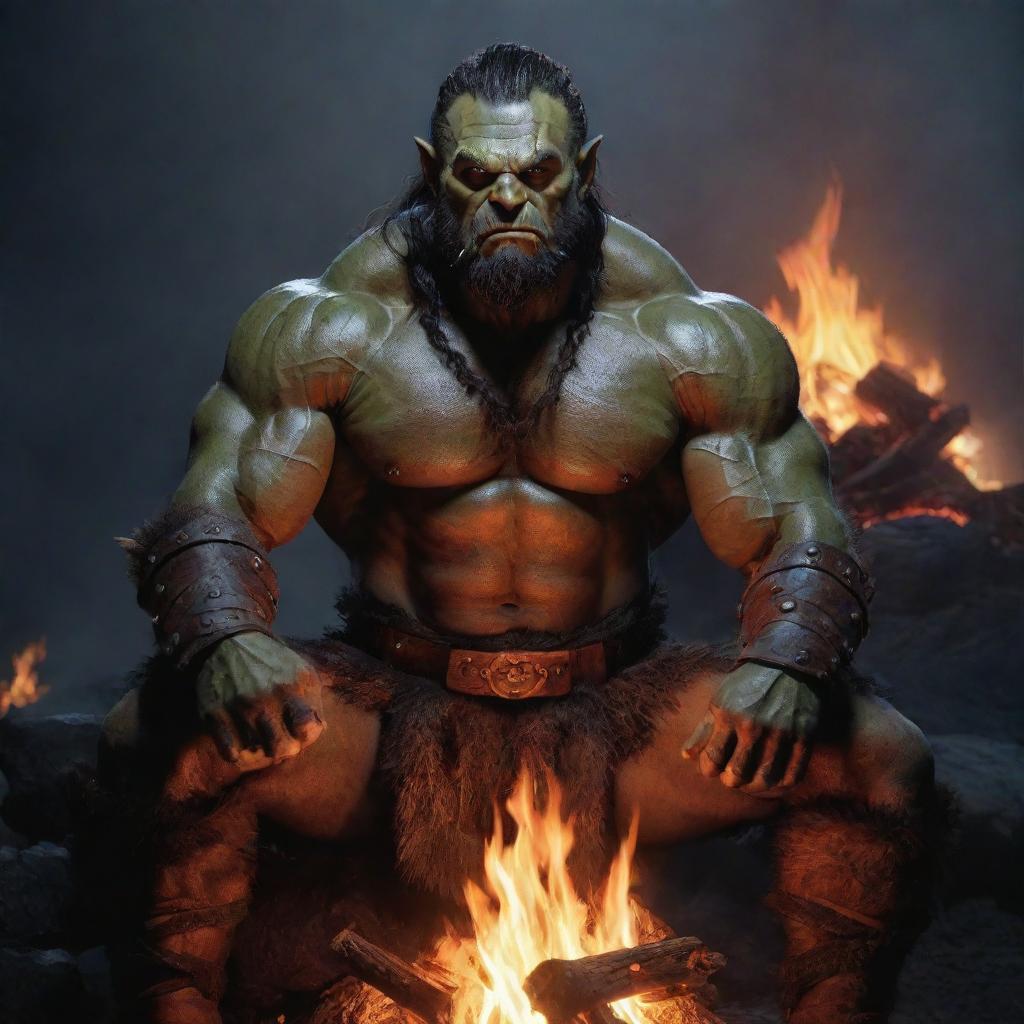 Half-orc barbarian from Dungeons and Dragons sat around a glowing bonfire, the flickering flames highlighting his fierce features.