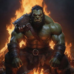 Half-orc barbarian from Dungeons and Dragons sat around a glowing bonfire, the flickering flames highlighting his fierce features.