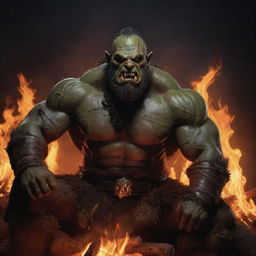 Half-orc barbarian from Dungeons and Dragons sat around a glowing bonfire, the flickering flames highlighting his fierce features.