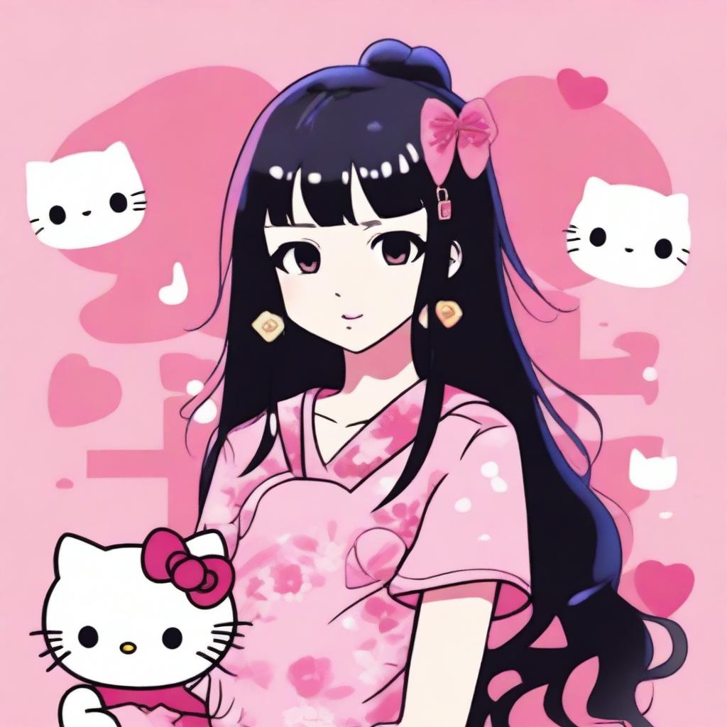 An image of a female anime-style character with black hair against a pink background