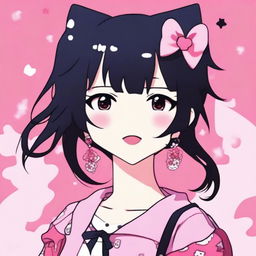 An image of a female anime-style character with black hair against a pink background