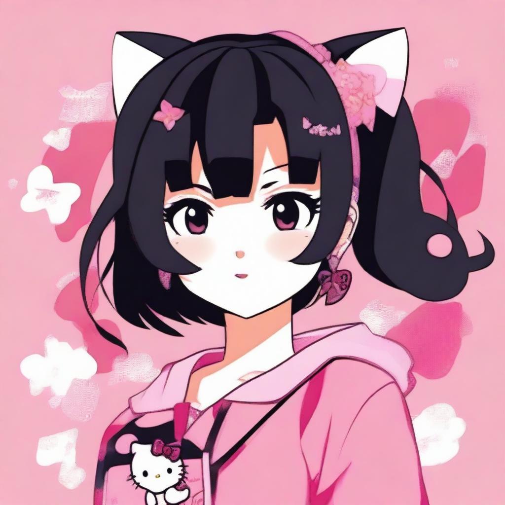 An image of a female anime-style character with black hair against a pink background