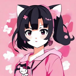 An image of a female anime-style character with black hair against a pink background