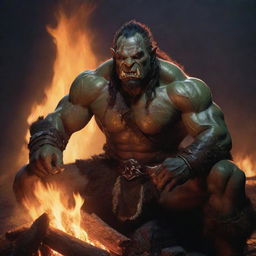 Half-orc barbarian from Dungeons and Dragons sat around a glowing bonfire, the flickering flames highlighting his fierce features.