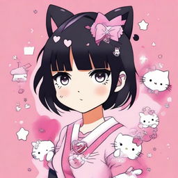 An image of a female anime-style character with black hair against a pink background