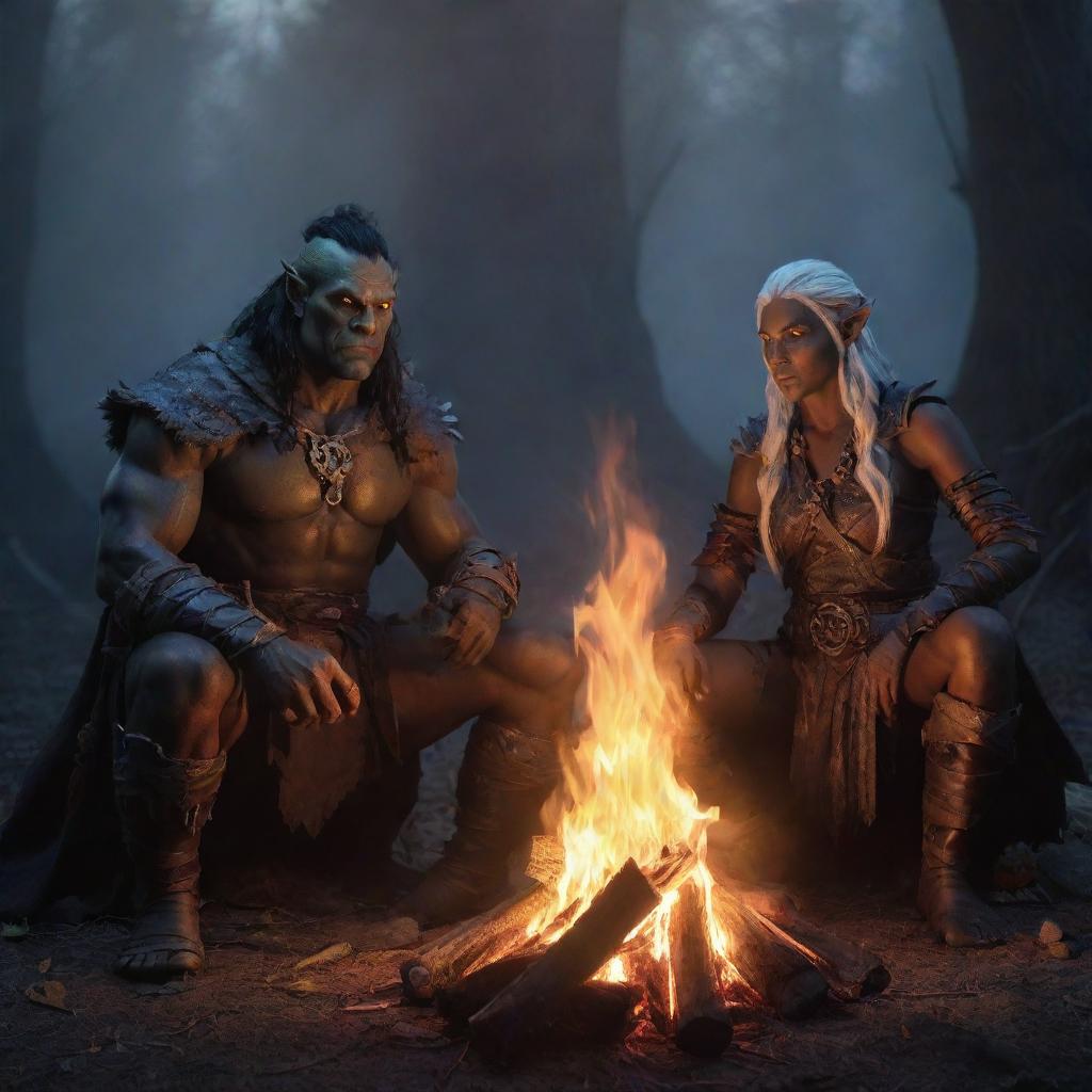 Half-orc barbarian and a drow elf warlock from Dungeons and Dragons sat side by side around a glowing bonfire, the light casting long shadows over their intense gazes.