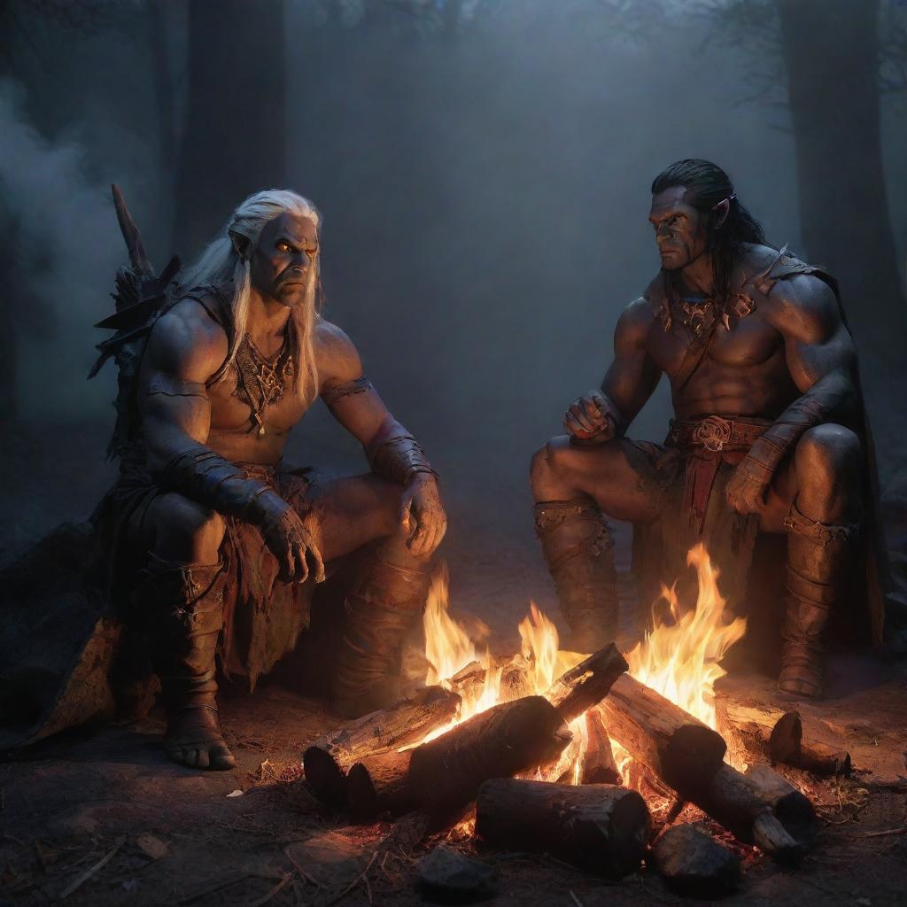 Half-orc barbarian and a drow elf warlock from Dungeons and Dragons sat side by side around a glowing bonfire, the light casting long shadows over their intense gazes.