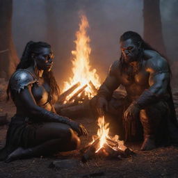 Half-orc barbarian and a drow elf warlock from Dungeons and Dragons sat side by side around a glowing bonfire, the light casting long shadows over their intense gazes.