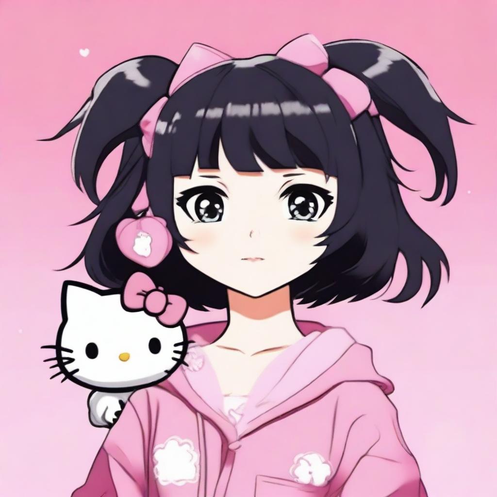 An image of a female anime-style character with black hair against a pink background