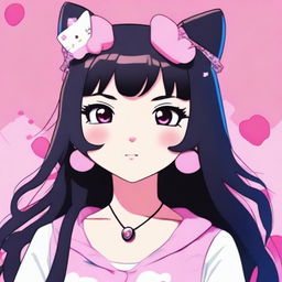 An image of a female anime-style character with black hair against a pink background