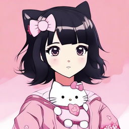 An image of a female anime-style character with black hair against a pink background