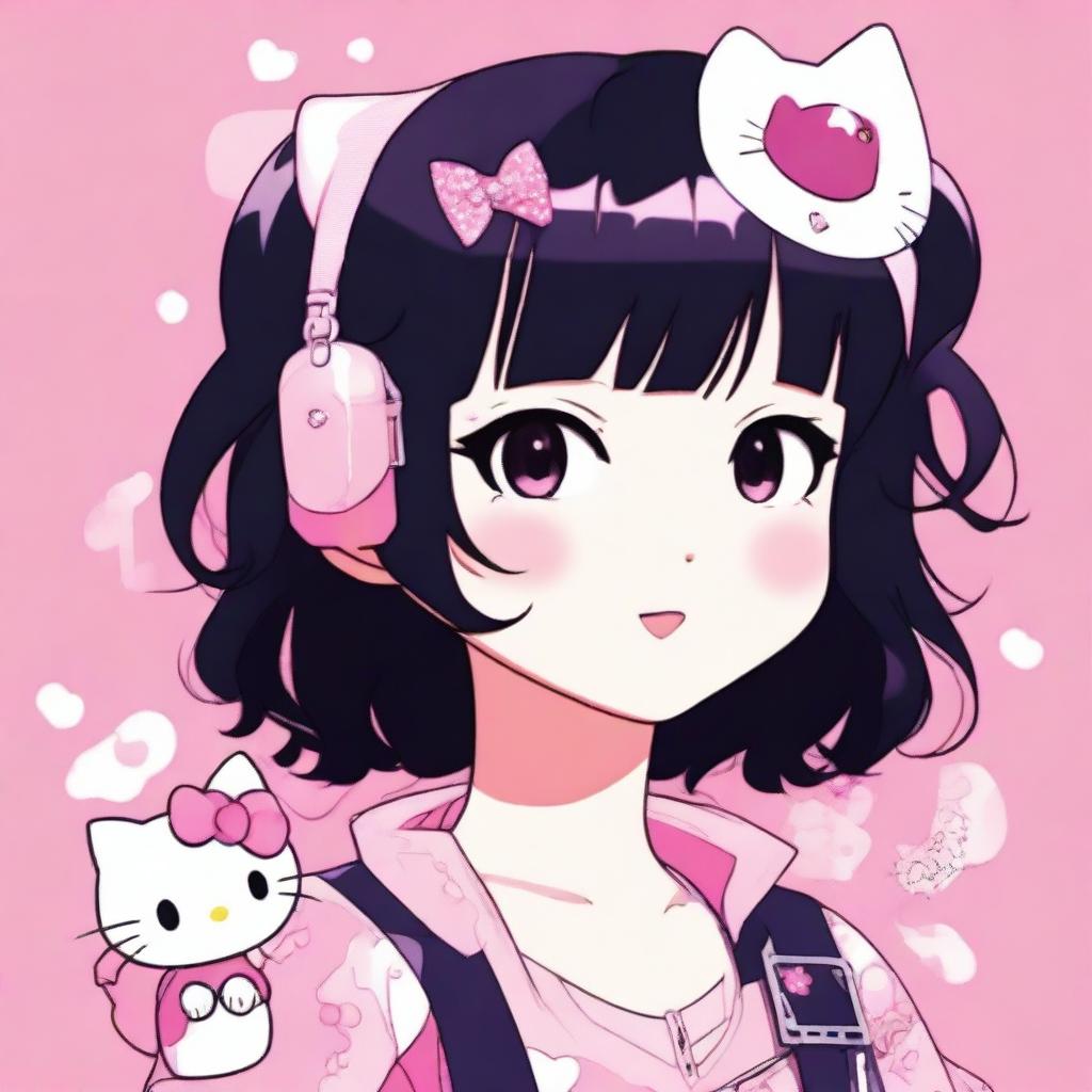 An image of a female anime-style character with black hair against a pink background