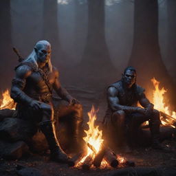 Half-orc barbarian and a drow elf warlock from Dungeons and Dragons sat side by side around a glowing bonfire, the light casting long shadows over their intense gazes.