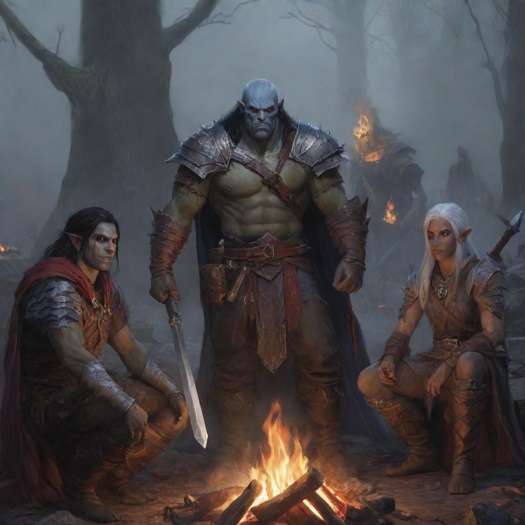 A gathering of adventurers by a bonfire: a half-orc barbarian, a drow elf warlock, a face-concealed paladin holding a sword, and a young human sorcerer. They are in deep camaraderie, their stories echoing in the Dungeons and Dragons universe.