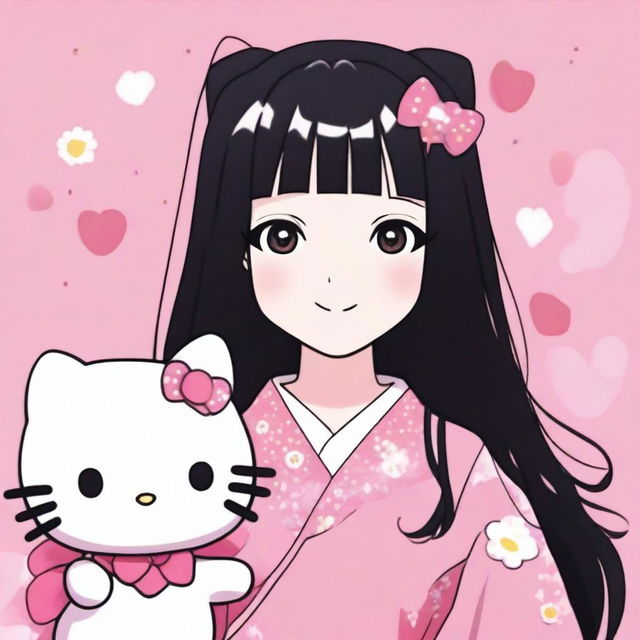 An image of a female anime-style person with long black hair, standing against a pink background