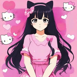 An image of a female anime-style person with long black hair, standing against a pink background