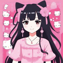 An image of a female anime-style person with long black hair, standing against a pink background