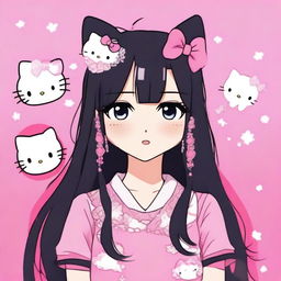 An image of a female anime-style person with long black hair, standing against a pink background