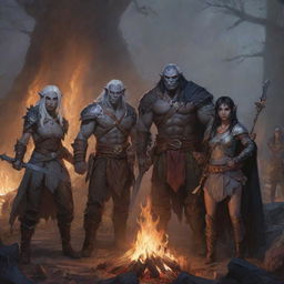 A gathering of adventurers by a bonfire: a half-orc barbarian, a drow elf warlock, a face-concealed paladin holding a sword, and a young human sorcerer. They are in deep camaraderie, their stories echoing in the Dungeons and Dragons universe.