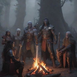 A gathering of adventurers by a bonfire: a half-orc barbarian, a drow elf warlock, a face-concealed paladin holding a sword, and a young human sorcerer. They are in deep camaraderie, their stories echoing in the Dungeons and Dragons universe.