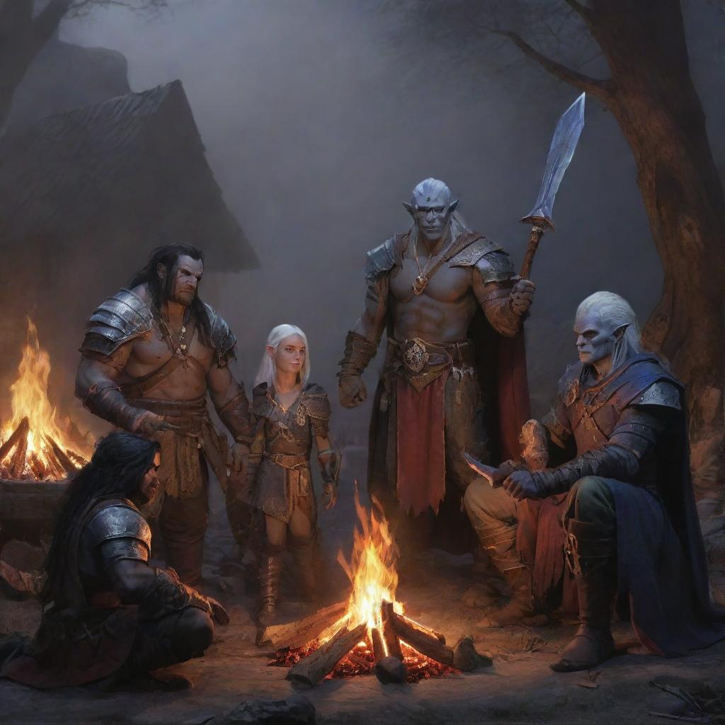 A gathering of adventurers by a bonfire: a half-orc barbarian, a drow elf warlock, a face-concealed paladin holding a sword, and a young human sorcerer. They are in deep camaraderie, their stories echoing in the Dungeons and Dragons universe.