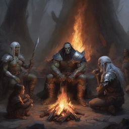 A heroic artwork titled 'A Campanha Proibida', representing a half-orc barbarian, a drow elf warlock, a paladin with face-concealed helmet, and a young human sorcerer sitting around a bonfire in the Dungeons and Dragons universe.