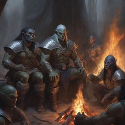 A heroic artwork titled 'A Campanha Proibida', representing a half-orc barbarian, a drow elf warlock, a paladin with face-concealed helmet, and a young human sorcerer sitting around a bonfire in the Dungeons and Dragons universe.