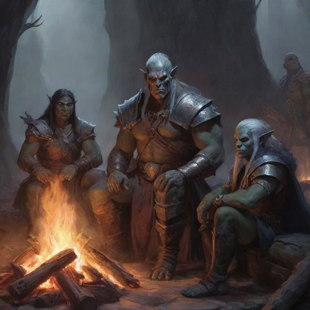 A heroic artwork titled 'A Campanha Proibida', representing a half-orc barbarian, a drow elf warlock, a paladin with face-concealed helmet, and a young human sorcerer sitting around a bonfire in the Dungeons and Dragons universe.