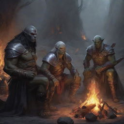 A heroic artwork titled 'A Campanha Proibida', representing a half-orc barbarian, a drow elf warlock, a paladin with face-concealed helmet, and a young human sorcerer sitting around a bonfire in the Dungeons and Dragons universe.