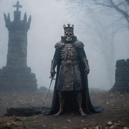 An imposing king equipped with a sword and crown stands in a foggy dusk, a small curious mouse scuttles on the ground nearby. A weathered skeleton leans silently against a stone wall in the background.