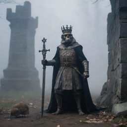 An imposing king equipped with a sword and crown stands in a foggy dusk, a small curious mouse scuttles on the ground nearby. A weathered skeleton leans silently against a stone wall in the background.