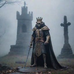 An imposing king equipped with a sword and crown stands in a foggy dusk, a small curious mouse scuttles on the ground nearby. A weathered skeleton leans silently against a stone wall in the background.