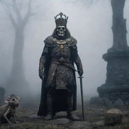 An imposing king equipped with a sword and crown stands in a foggy dusk, a small curious mouse scuttles on the ground nearby. A weathered skeleton leans silently against a stone wall in the background.